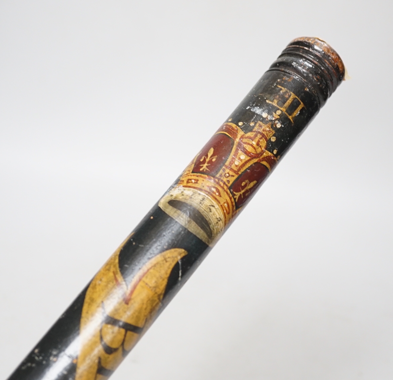 An unusually large George III horse mounted police constable's wooden truncheon, hand painted and inscribed Bermondsey Special Constable and numbered 79, 80cm in length